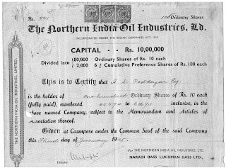 stock certificate dated 3rd january 1945 of the northern india oil industries ld a company incorporated under the indian companies act 1913