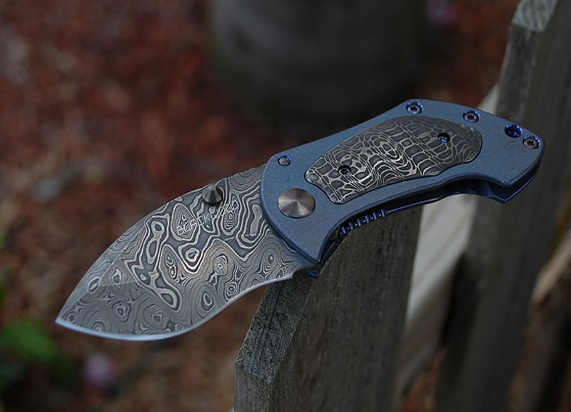 BLACKWOOD CUSTOM KNIVES Damascus Inlay PIMPSQUEAK Finished Pics