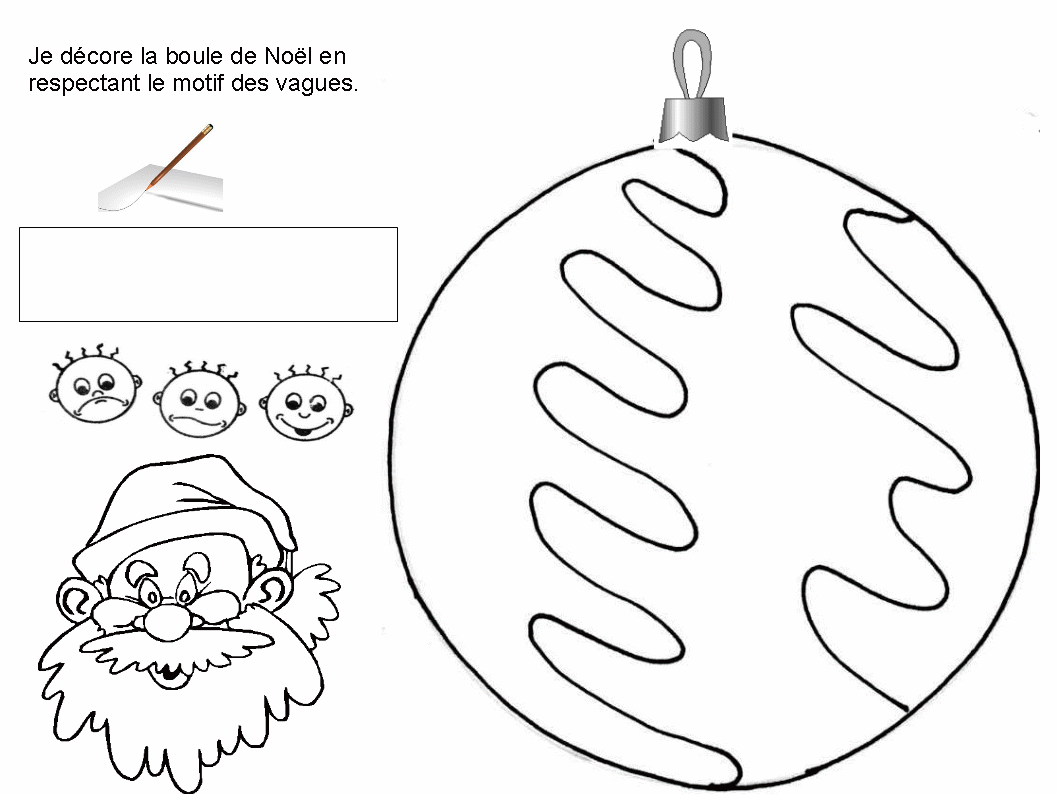 Maternelle Graphisme, la vague avec un sapin et une boule de Noël
