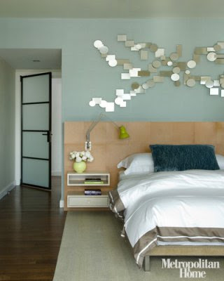 Blue and brown bedroom - interior design, bedroom, lamp, interior desig