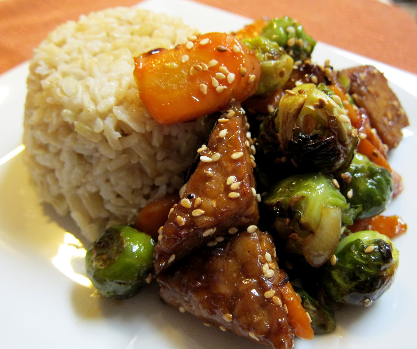 Garlic and Sea Salt Sesame Tempeh with Roasted Brussels Sprouts and