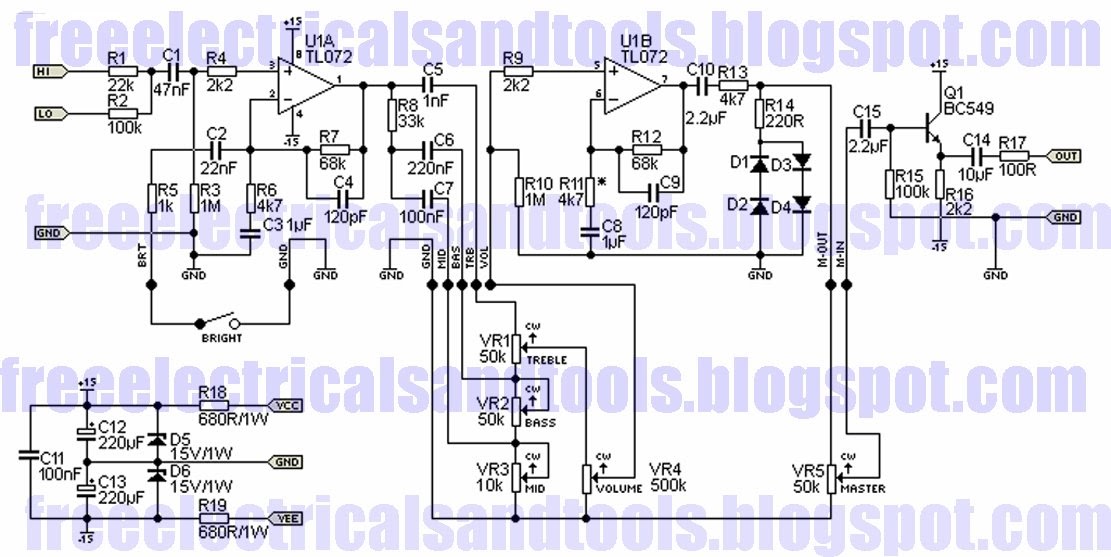 Free Schematic Diagram Guitar Pre Amp Using TL072