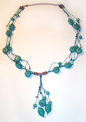 Artisan Made Beaded Necklace Fused Glass Pendant Turquoise Green Clay Beads  23