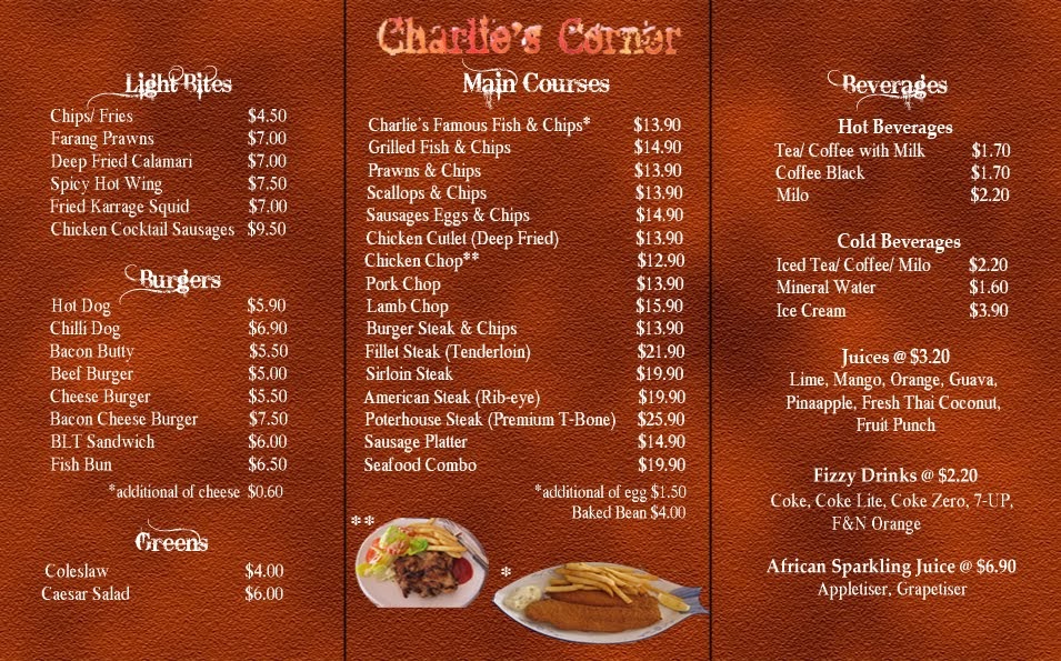 Menu Charlie's Corner Menu