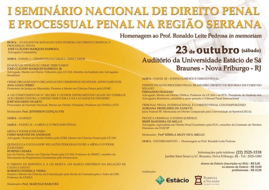 I Seminário Nacional de Direito Penal e Processual Penal na Região Serrana: Homenagem ao