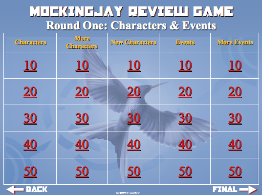 Hunger Games Lessons: Mockingjay Review Trivia Game: Jeopardy Style