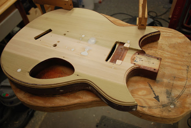 Dings filled, binding routed and filler for Bass Pickup