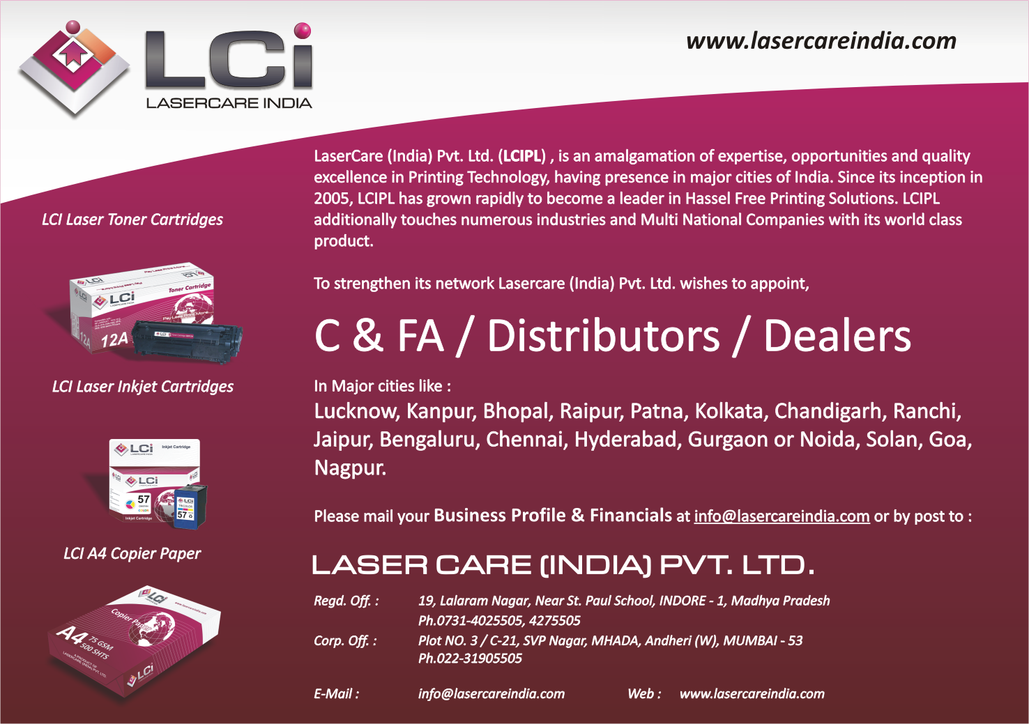 LaserCare India Wanted CFA / Distributors / Dealers From Major Cities