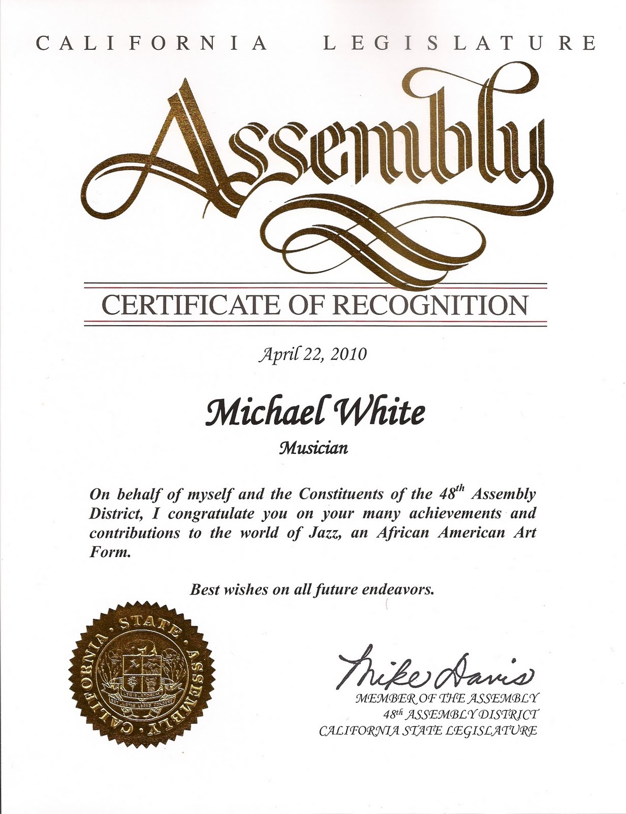 michael white quintet band news news certificate of recognition what is certificate of recognition
