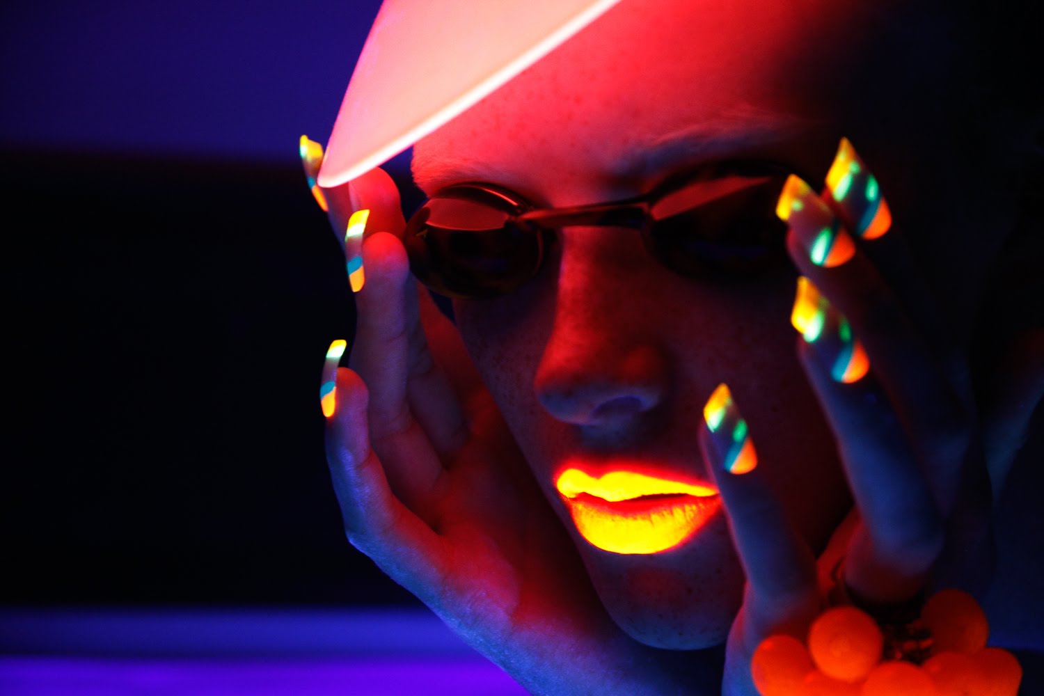 Tanning Salon Tanning Booth Neon Ultraviolet Rays Glow in the Dark Beauty Editorial Shoot with