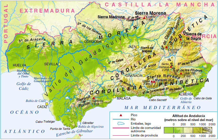 Mapa físico de Andalucia: