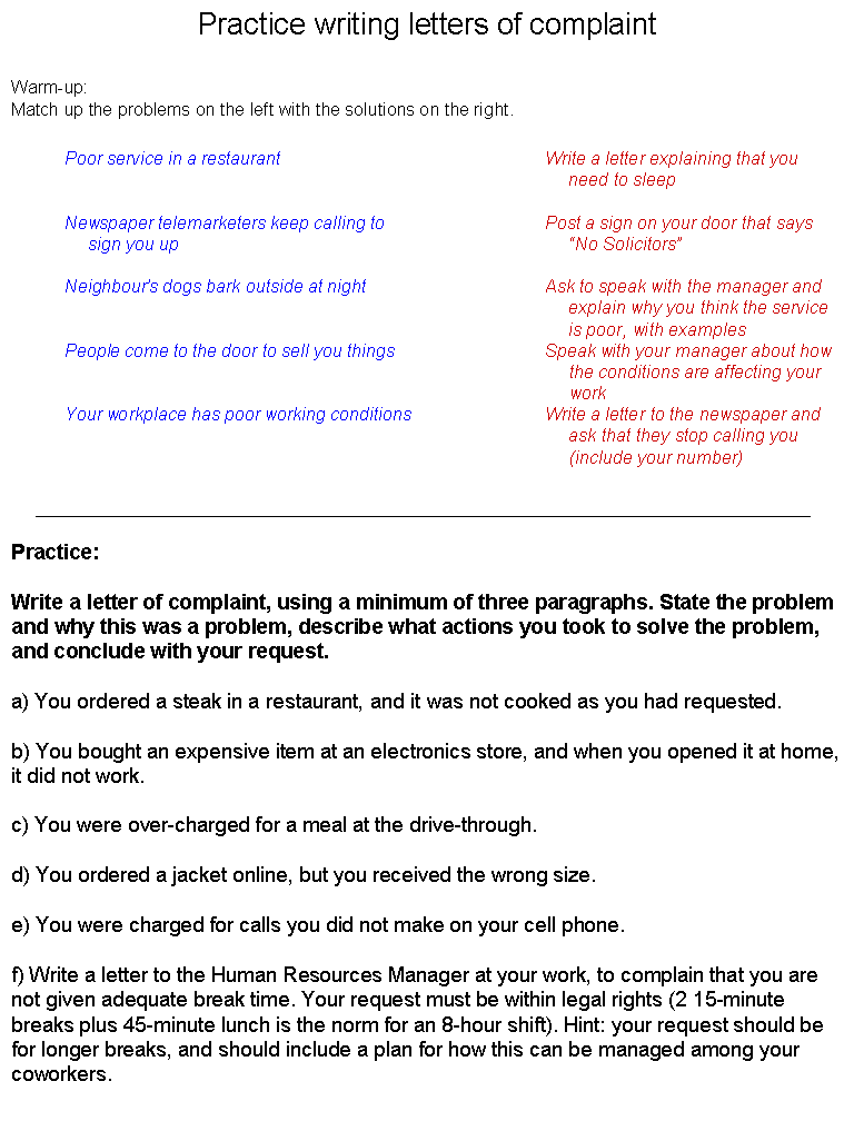 Coaching our kids with Aspergers: English Worksheet - Letter of Complaint