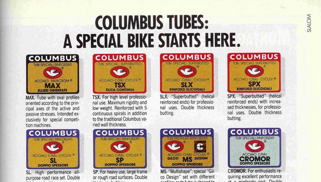80's Vintage Parts and Restorations Columbus Tubing Chart