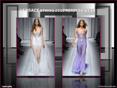 Versace Spring 2010 Ready To Wear silver and white see-thru gown and purple see-thru gown