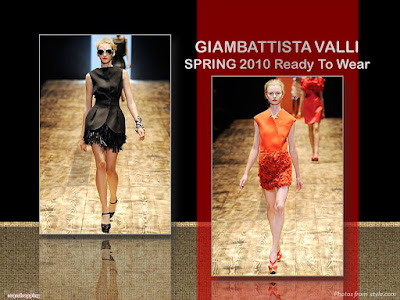 Giambattista Valli Spring 2010 Ready To Wear black vest and leather fringe skirt and orange vest and orange ruffles mini-skirt