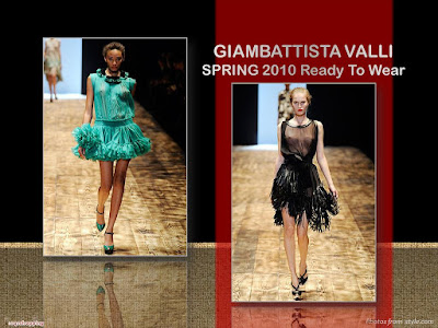 Giambattista Valli Spring 2010 Ready To Wear green chiffon ruffles dress and black see-thru chiffon leather fringe mini-dress