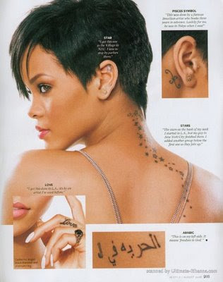 While on her left shoulder Rihanna incised a roman numbers LXXXVI IV XI 