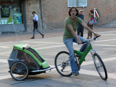 green bike, trailer, and outfit
