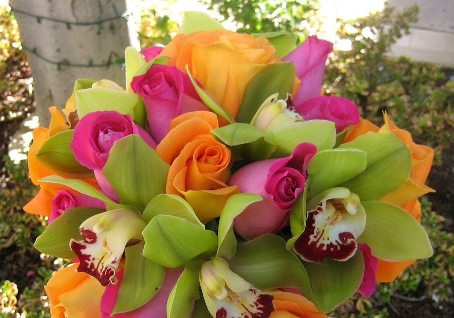 La Jolla Village Florist Hot Pink & Orange Roses With Green Cymbidium