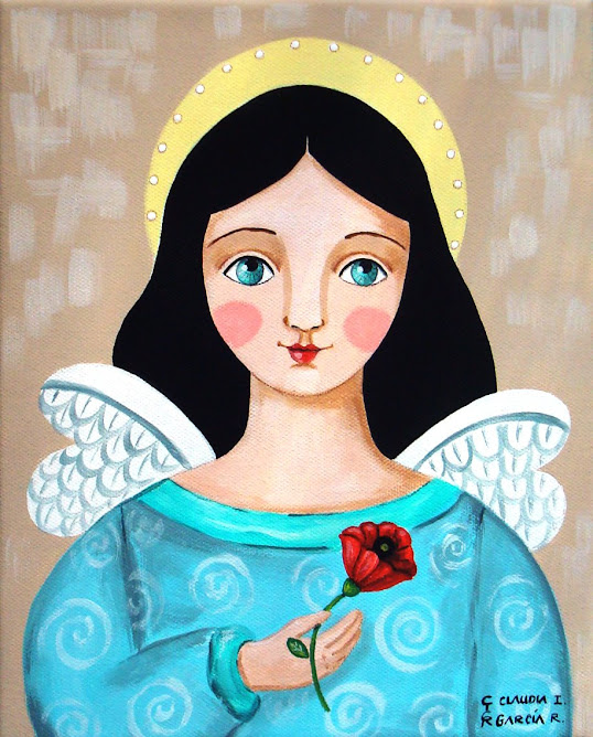 Angel holding a red flower