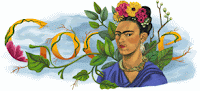 Google logo with leaves, vines, and flowers on the yellow letters and a painting of Frida Kahlo in front of the logo wearing a purple wrap with yellow and pink flowers in her hair