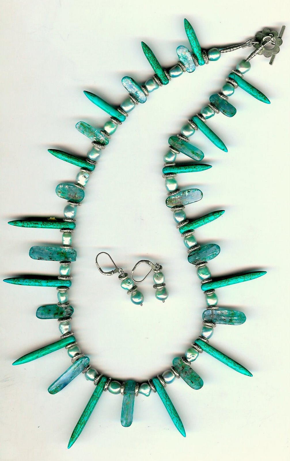107. Turquoise, Kynite, Freshwater Pearls + Earrings