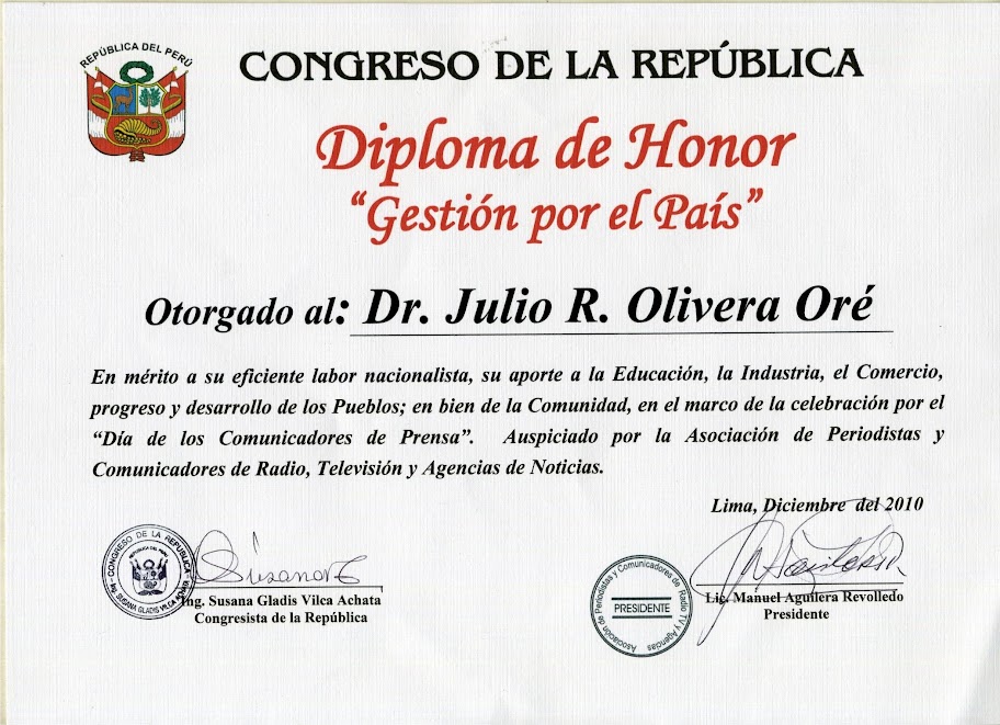 ... Oré: Congreso de la Republica Diploma de Honor