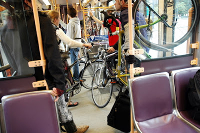 Image of bikes crowded onto MAX train in Portland, Oregon