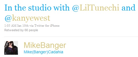 Foto do Twitt do Mike Banger: No estúdio com Lil Wayne & Kanye West Foto do Twitt do Mike Banger: No estúdio com Lil Wayne & Kanye West