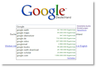 Ein Screenshot zeigt eine Google Suche mit Vorschlägen für Suchbegriffe