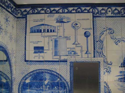 Tiles painted in blue showing a water tower