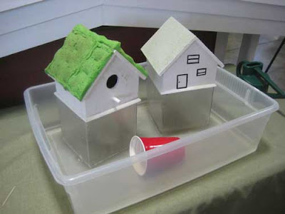 Birdhouse with a green sponge roof vs a birdhouse with a sandpaper roof, both sitting in a tub of water