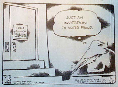 Cartoon elephant outside a door. Sign reads Polls Open. Elephant thinks, Just an invitation to voter fraud