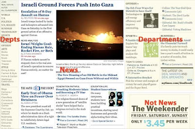 Home page of the New York Times with labels to show how much is news