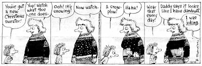 Four panel comic where a mom shows her child a christmas sweater that is plain, then has snow falling, followed by a snowplow