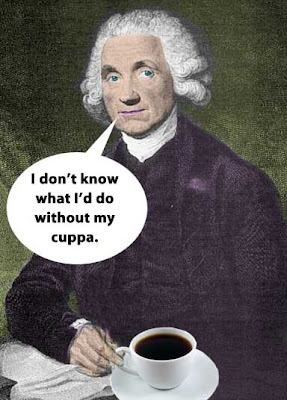 Collage of Joseph Priestly with a cup of coffee, saying I don't know what I'd do without my cuppa