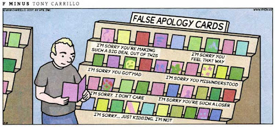 Man selects a greeting card from a rack of cards labeled False Apology Cards