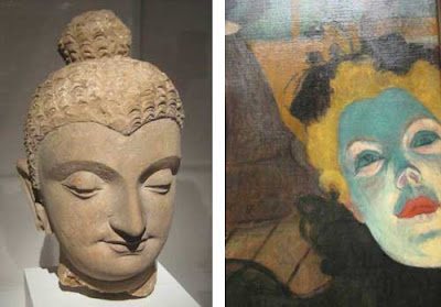 Elegant stone Buddha head juxtaposed to a garishly lit woman's face in a lithograph
