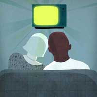 Simplified illustration of a black man and white woman watching a glowing television set