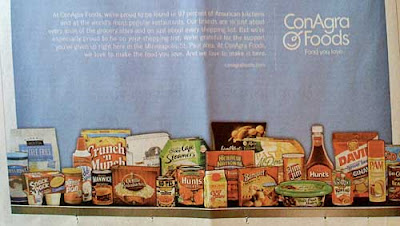 Bottom of light blue ad with circle logo repeated next to the name ConAgra, and a row of packaged food products at the base of the layout