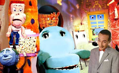 Collage of Pee Wee Herman with puppets Chairy, Clockey, Globey, Randy, Dog Chair and more
