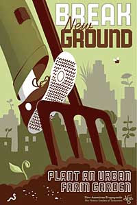 Two color poster of a foot driving a pitchfork into the ground, with headline Break New Ground