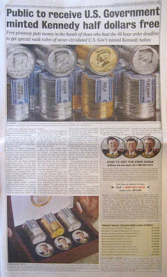 Full page ad with headline Public to receive U.S. government minted Kennedy half dollars free