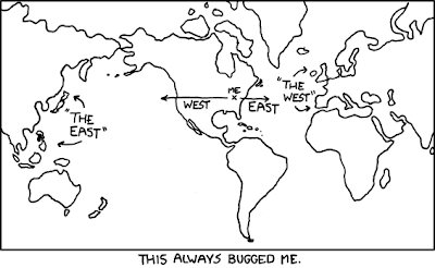 Cartoon map pointing out the absurdity of East and West labels when applied in North America vs. Asia and Europe