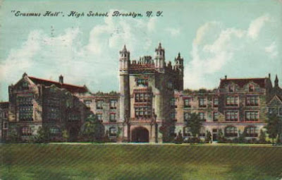 Colorized postcard rendering of large gothic high school building, Erasmus Hall 1910