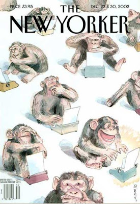 Chimps at typewriters, each with a different expression, one is laughing uproarieously