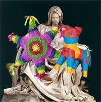 The Virgin Mary in the Pieta holding two pinatas