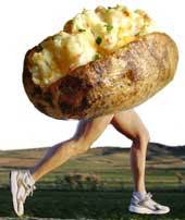 A twice-baked potato with human legs, running