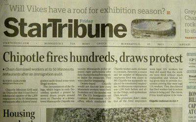 Front page of the January 21, 2011, Star Tribune with story about Chipotle firings at top