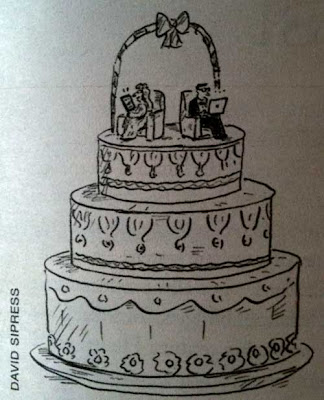 David Sipress cartoon of a wedding cake with the bride and groom figures sitting on chairs, facing away from each other, each using a laptop computer